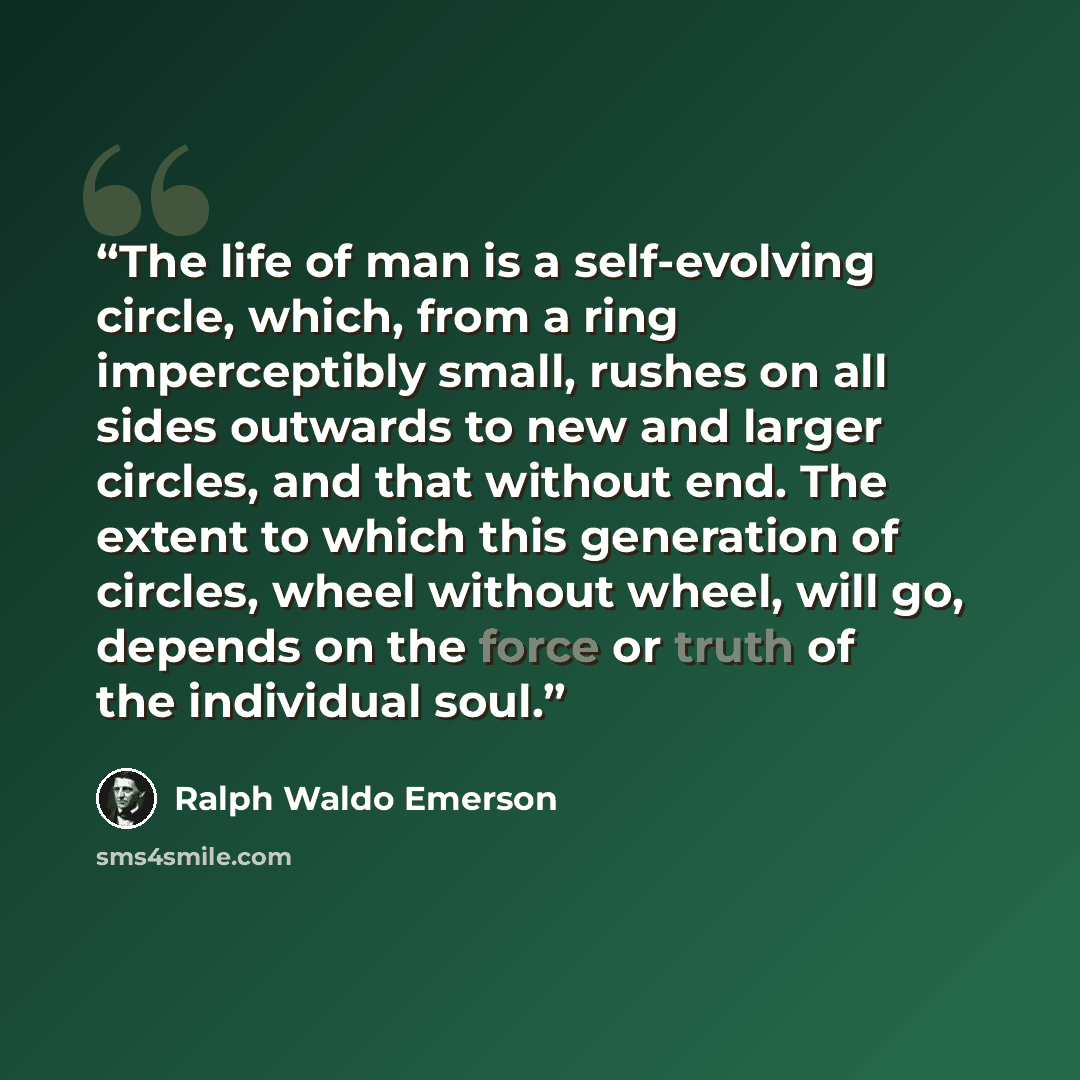“The life of man is a self-evolving circle, which, from a ring imperceptibly small, rushes on all sides outwards to new and larger circles, and that without end. The extent to which this generation of circles, wheel without wheel, will go, depends on the force or truth of the individual soul.” quote by Ralph Waldo Emerson