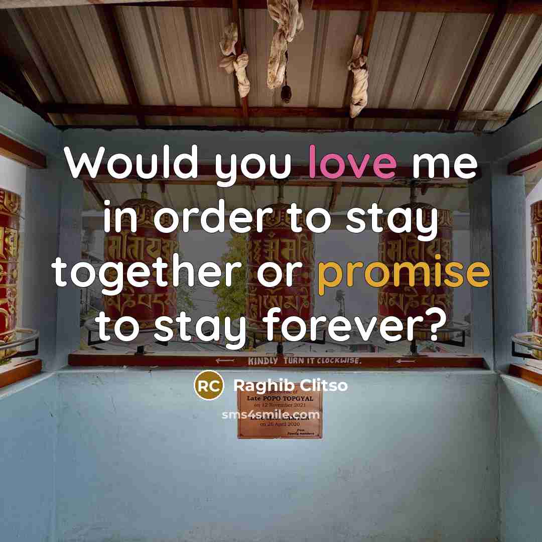 “Would you love me in order to stay together or promise to stay forever?” quote by Raghib Clitso