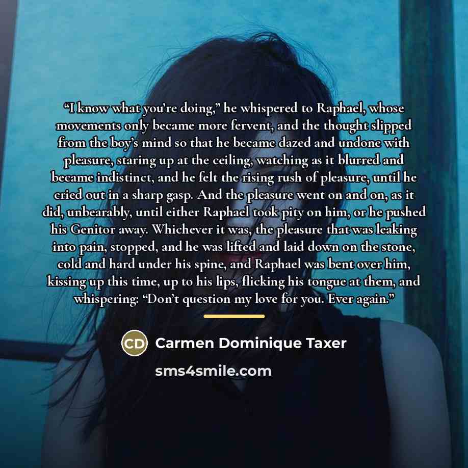 “I know what you’re doing,” he whispered to Raphael, whose movements only became more fervent, and the thought slipped from the boy’s mind so that he became dazed and undone with pleasure, staring up at the ceiling, watching as it blurred and became indistinct, and he felt the rising rush of…” quote by Carmen Dominique Taxer