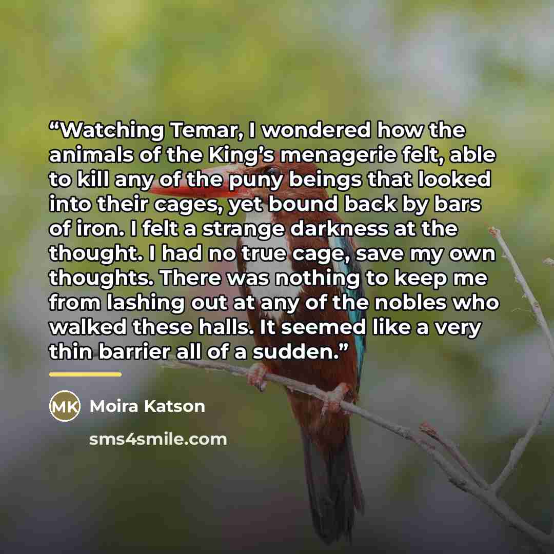 “Watching Temar, I wondered how the animals of the King’s menagerie felt, able to kill any of the puny beings that looked into their cages, yet bound back by bars of iron. I felt a strange darkness at the thought. I had no true cage, save my own thoughts. There was nothing to keep me from lashing…” quote by Moira Katson