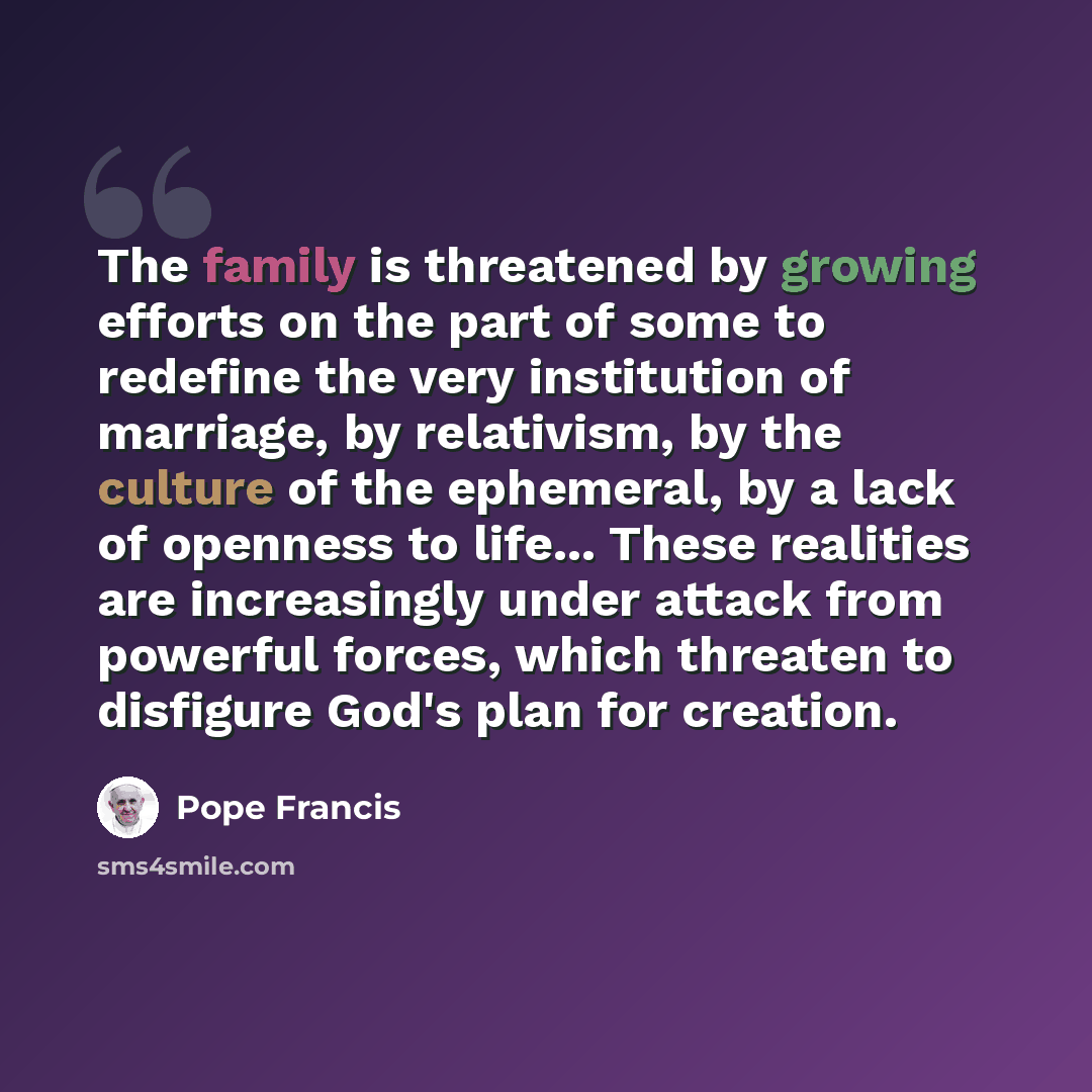 “The family is threatened by growing efforts on the part of some to redefine the very institution of marriage, by relativism, by the culture of the ephemeral, by a lack of openness to life... These realities are increasingly under attack from powerful forces, which threaten to disfigure God's plan…” quote by Pope Francis