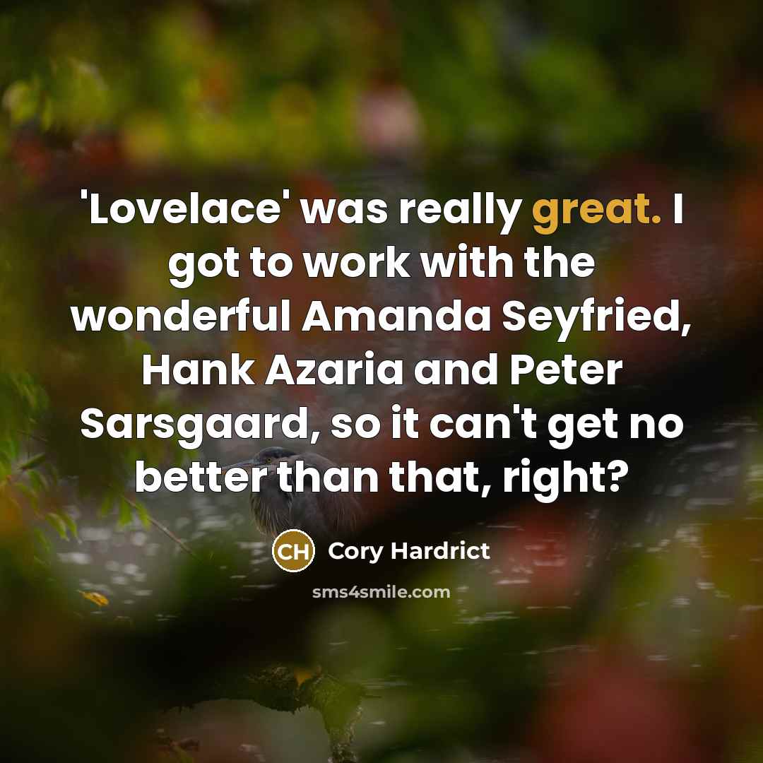 “'Lovelace' was really great. I got to work with the wonderful Amanda Seyfried, Hank Azaria and Peter Sarsgaard, so it can't get no better than that, right?” quote by Cory Hardrict