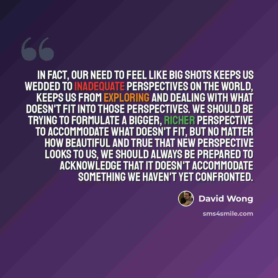 “In fact, our need to feel like big shots keeps us wedded to inadequate perspectives on the world, keeps us from exploring and dealing with what doesn't fit into those perspectives. We should be trying to formulate a bigger, richer perspective to accommodate what doesn't fit, but no matter how…” quote by David Wong