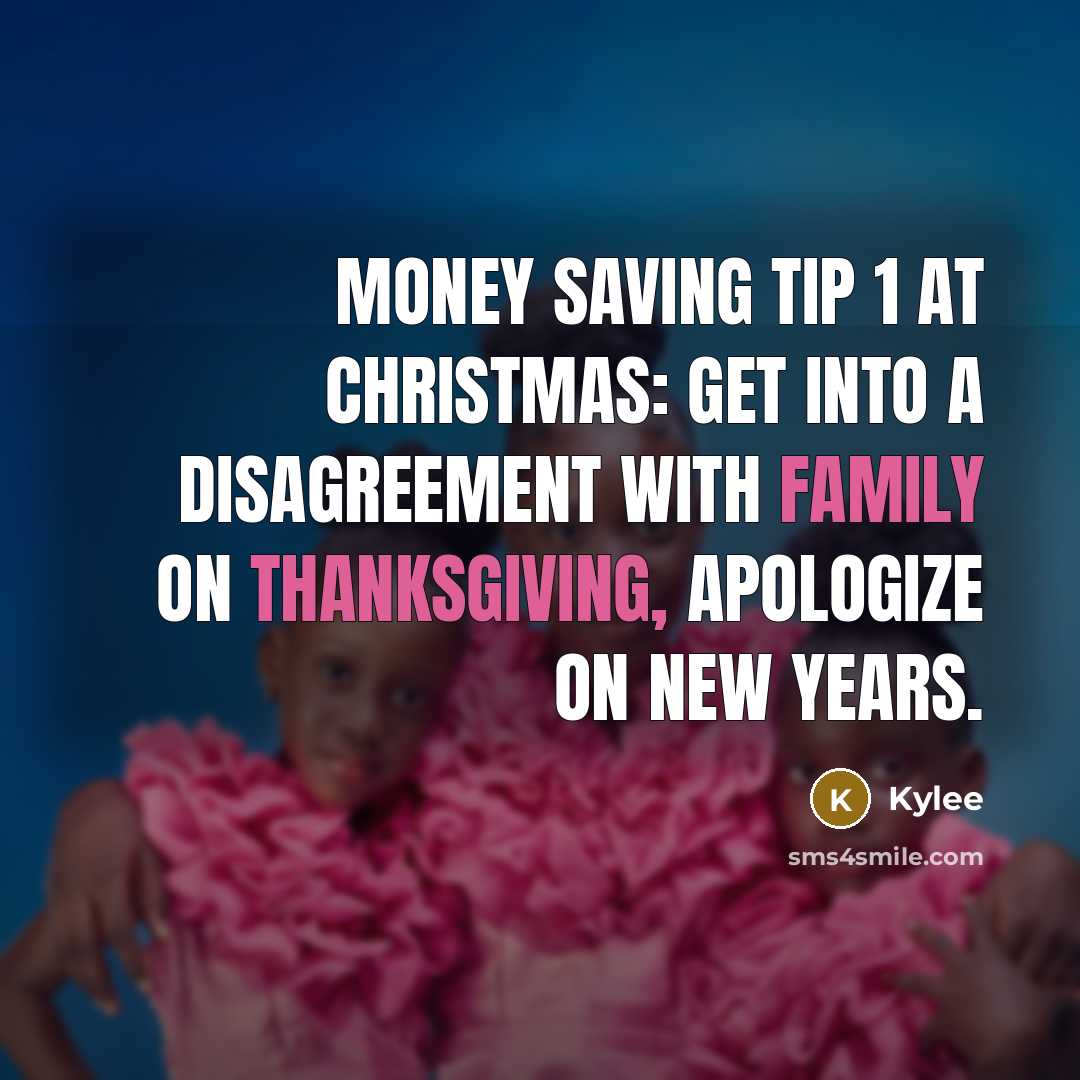 “Money saving tip 1 at Christmas: Get into a disagreement with family on thanksgiving, apologize on new years.” quote by Kylee