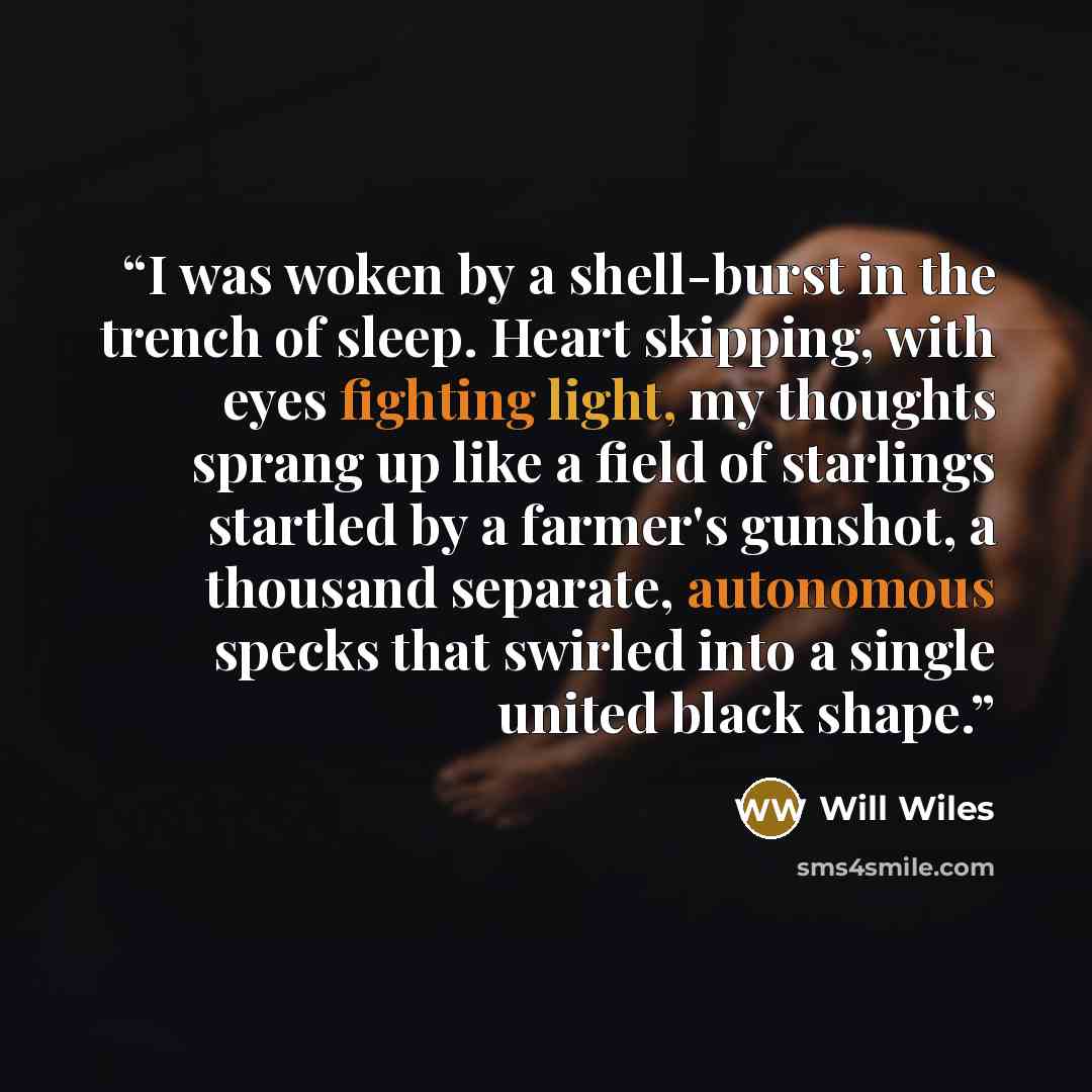 “I was woken by a shell-burst in the trench of sleep. Heart skipping, with eyes fighting light, my thoughts sprang up like a field of starlings startled by a farmer's gunshot, a thousand separate, autonomous specks that swirled into a single united black shape.” quote by Will Wiles