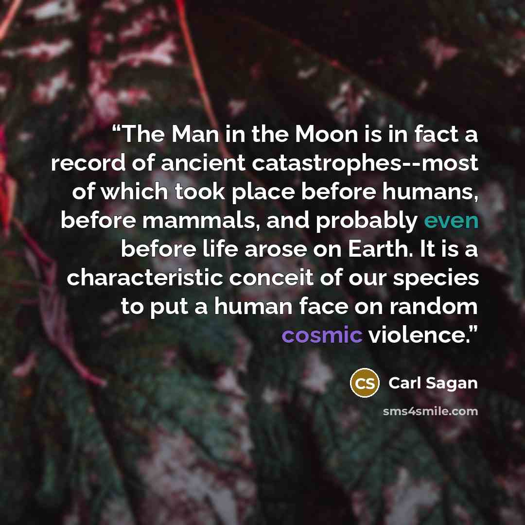 “The Man in the Moon is in fact a record of ancient catastrophes--most of which took place before humans, before mammals, and probably even before life arose on Earth. It is a characteristic conceit of our species to put a human face on random cosmic violence.” quote by Carl Sagan