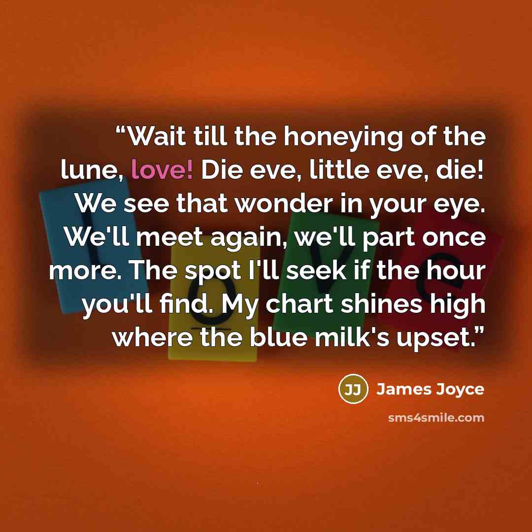 “Wait till the honeying of the lune, love! Die eve, little eve, die! We see that wonder in your eye. We'll meet again, we'll part once more. The spot I'll seek if the hour you'll find. My chart shines high where the blue milk's upset.” quote by James Joyce