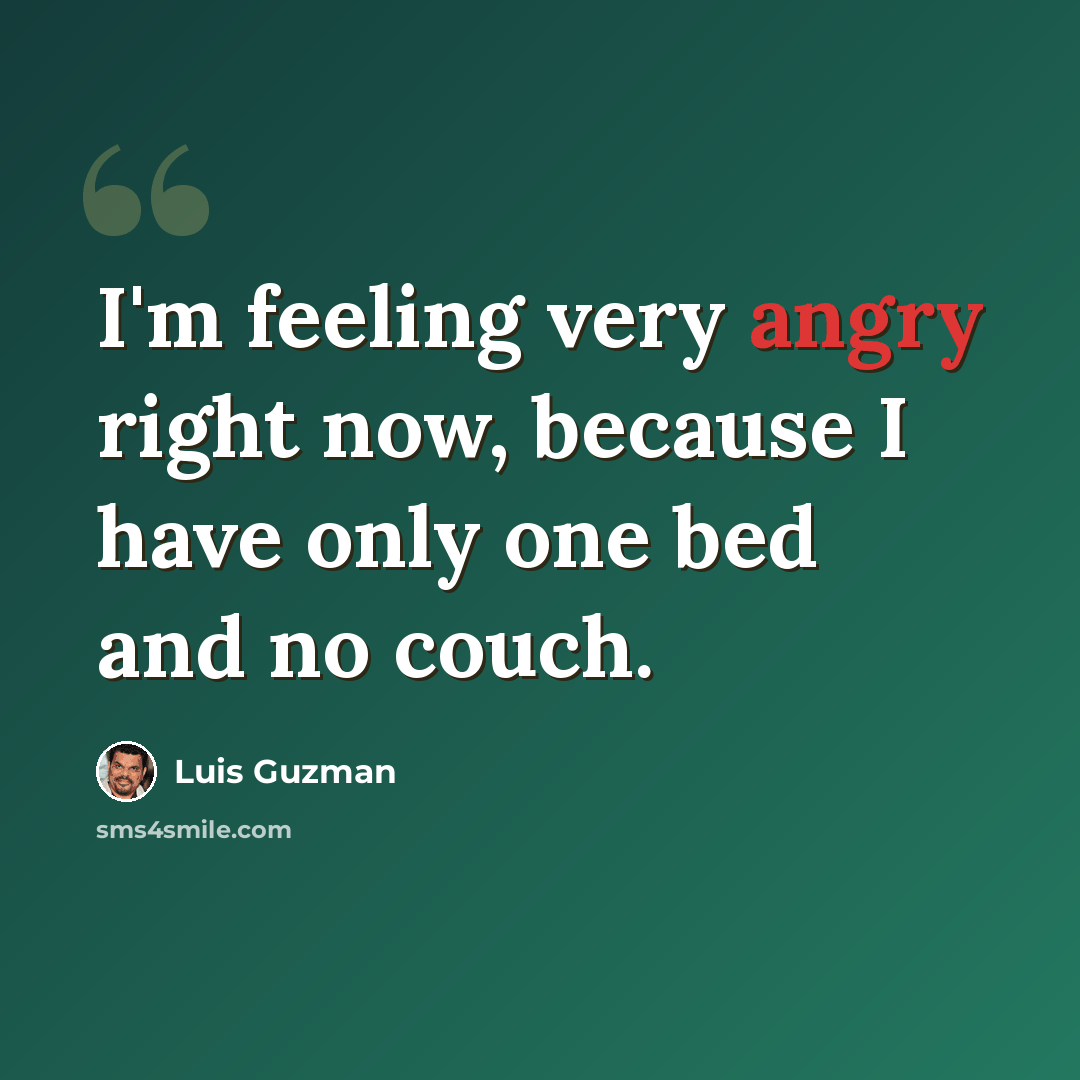 “I'm feeling very angry right now, because I have only one bed and no couch.” quote by Luis Guzman