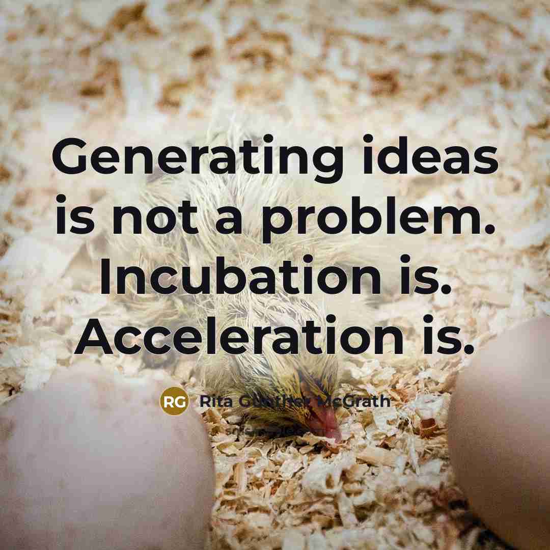 “Generating ideas is not a problem. Incubation is. Acceleration is.” quote by Rita Gunther McGrath