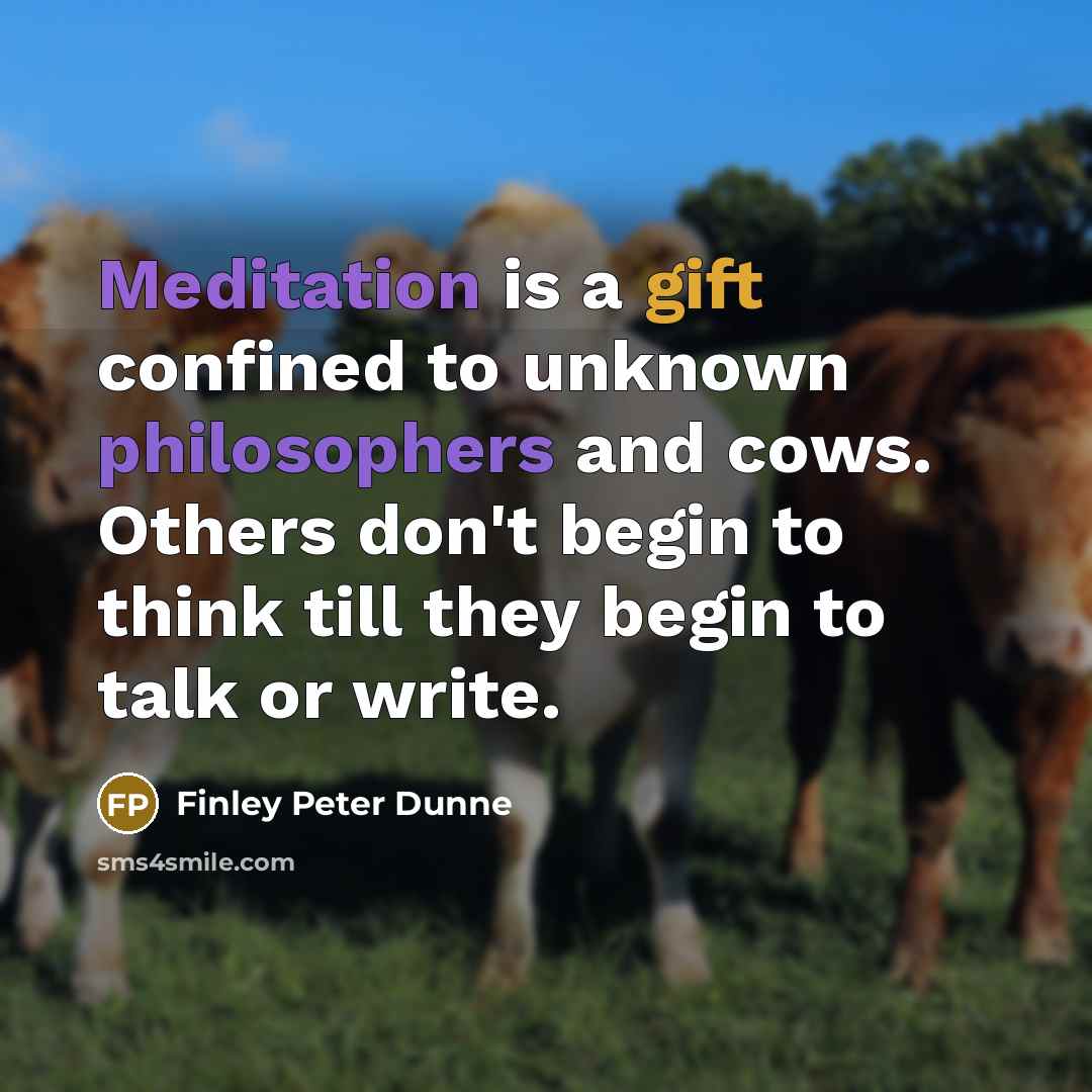 “Meditation is a gift confined to unknown philosophers and cows. Others don't begin to think till they begin to talk or write.” quote by Finley Peter Dunne
