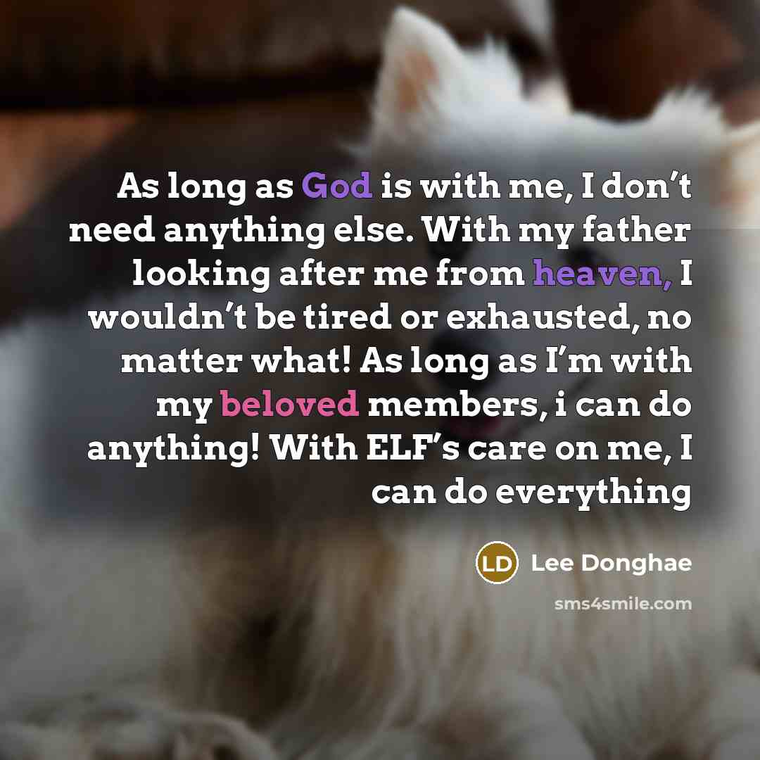 “As long as God is with me, I don’t need anything else. With my father looking after me from heaven, I wouldn’t be tired or exhausted, no matter what! As long as I’m with my beloved members, i can do anything! With ELF’s care on me, I can do everything” quote by Lee Donghae