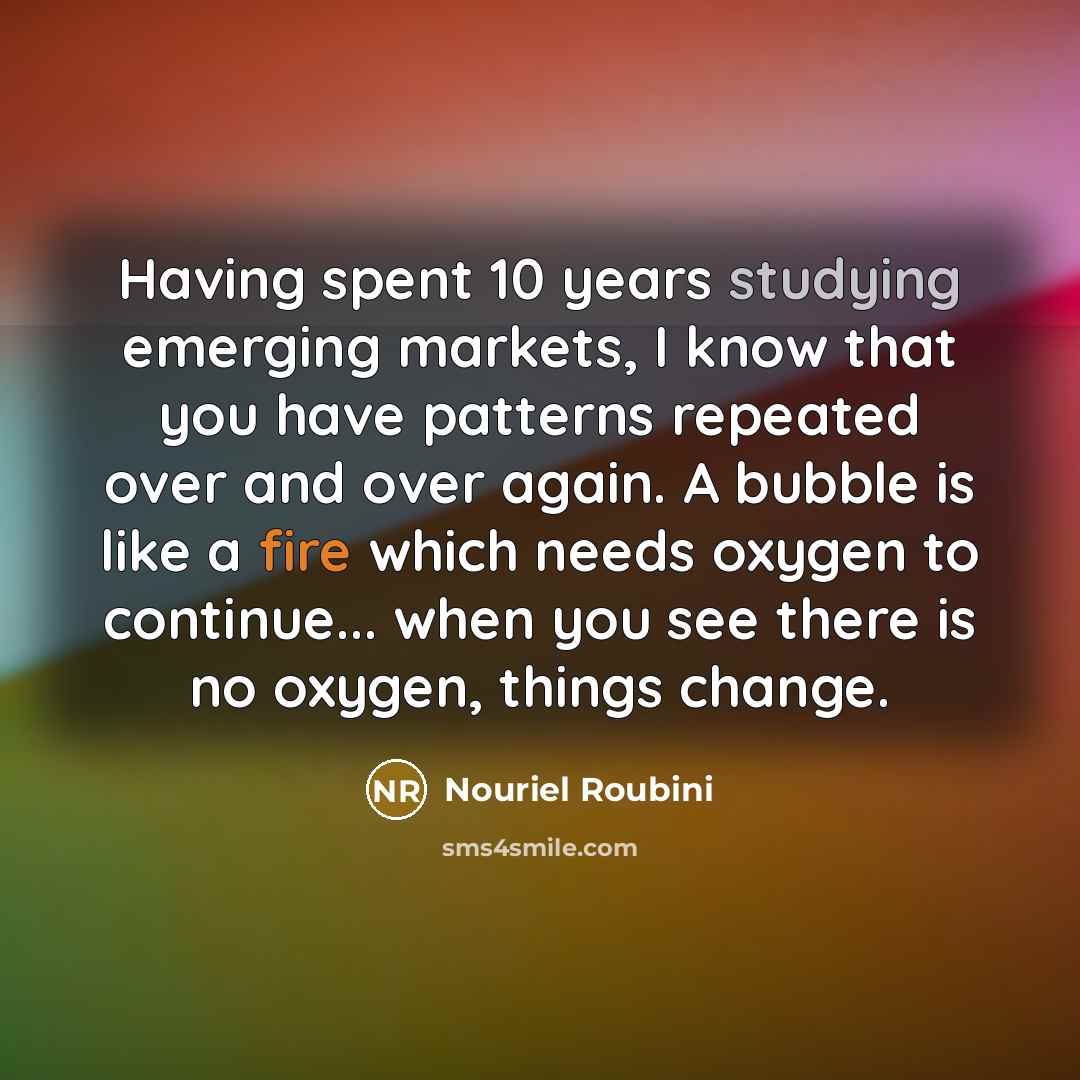 “Having spent 10 years studying emerging markets, I know that you have patterns repeated over and over again. A bubble is like a fire which needs oxygen to continue... when you see there is no oxygen, things change.” quote by Nouriel Roubini