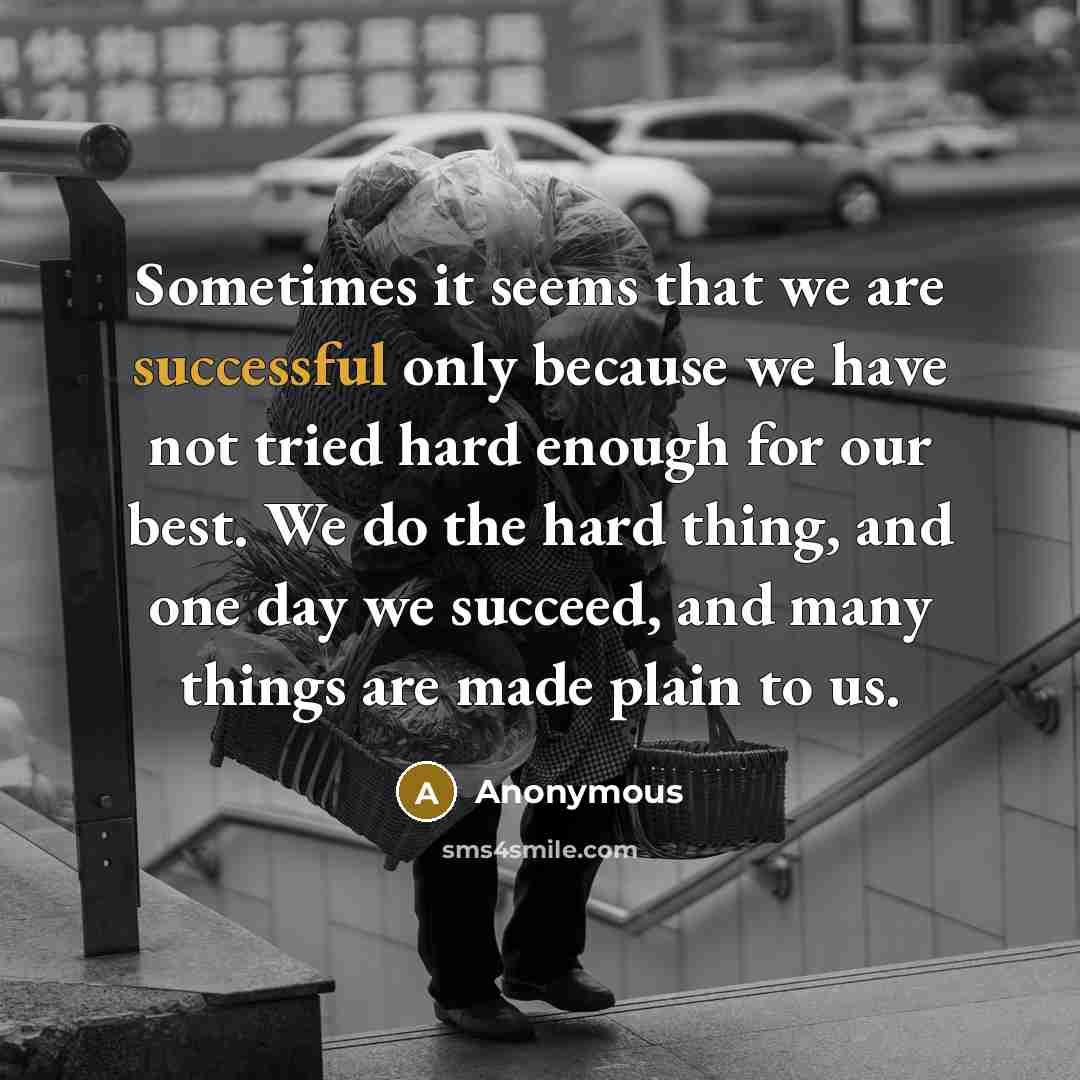 “Sometimes it seems that we are successful only because we have not tried hard enough for our best. We do the hard thing, and one day we succeed, and many things are made plain to us.” quote by Anonymous
