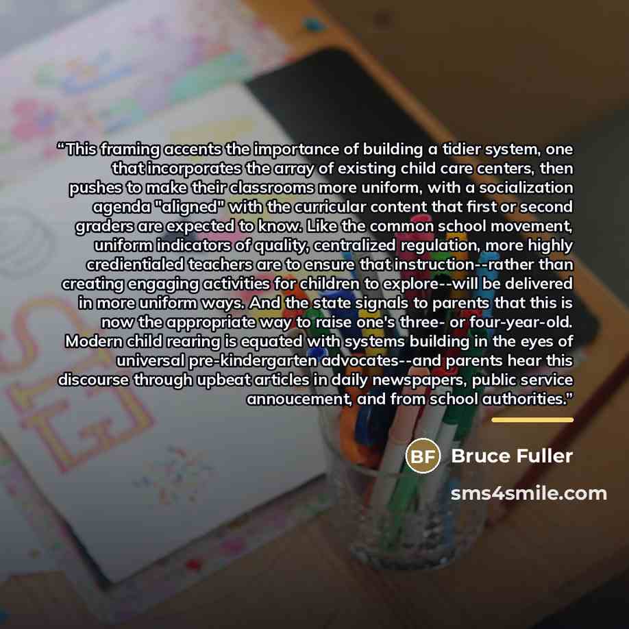 “This framing accents the importance of building a tidier system, one that incorporates the array of existing child care centers, then pushes to make their classrooms more uniform, with a socialization agenda "aligned" with the curricular content that first or second graders are expected to know…” quote by Bruce Fuller