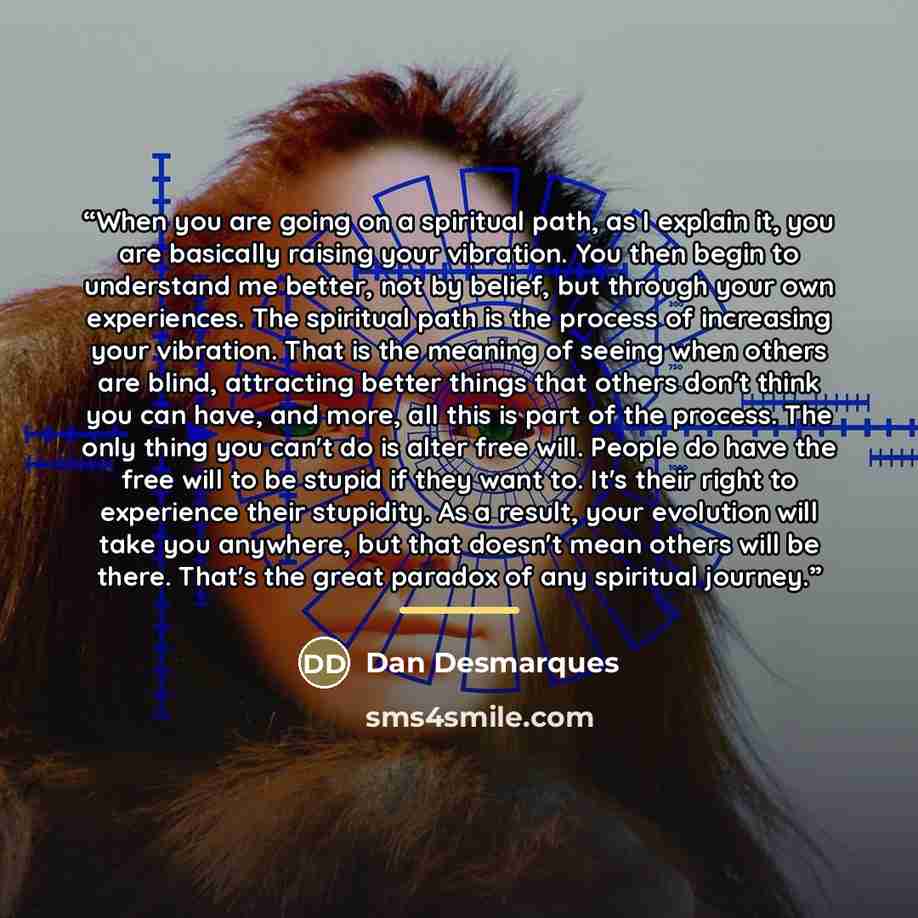“When you are going on a spiritual path, as I explain it, you are basically raising your vibration. You then begin to understand me better, not by belief, but through your own experiences. The spiritual path is the process of increasing your vibration. That is the meaning of seeing when others are…” quote by Dan Desmarques
