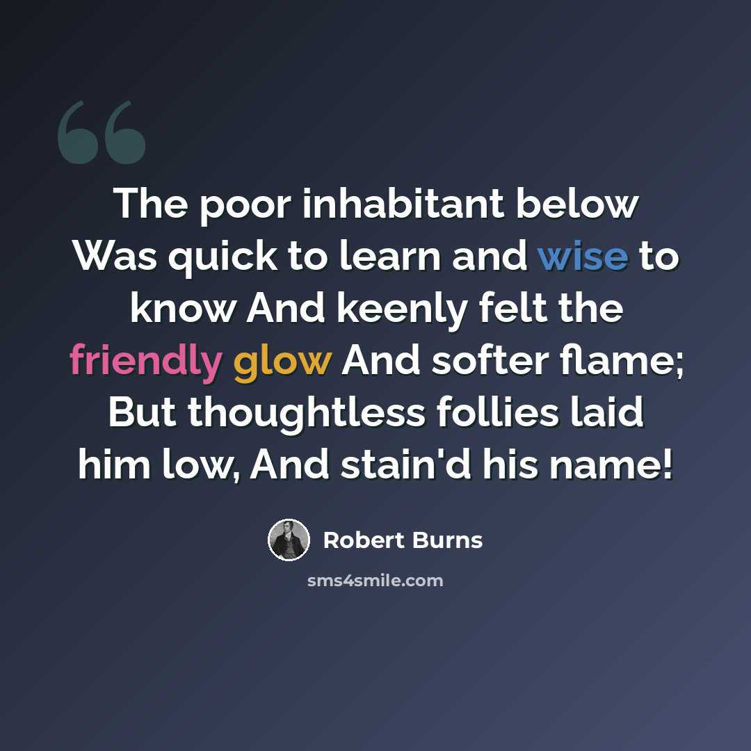 “The poor inhabitant below Was quick to learn and wise to know And keenly felt the friendly glow And softer flame; But thoughtless follies laid him low, And stain'd his name!” quote by Robert Burns