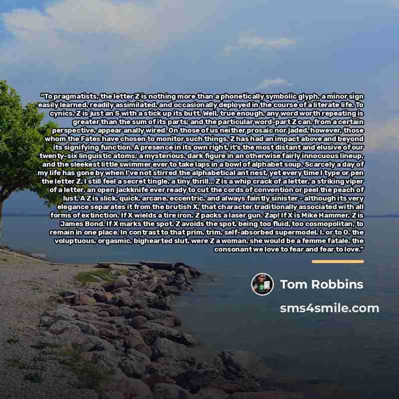 “To pragmatists, the letter Z is nothing more than a phonetically symbolic glyph, a minor sign easily learned, readily assimilated, and occasionally deployed in the course of a literate life. To cynics, Z is just an S with a stick up its butt. Well, true enough, any word worth repeating is greater…” quote by Tom Robbins