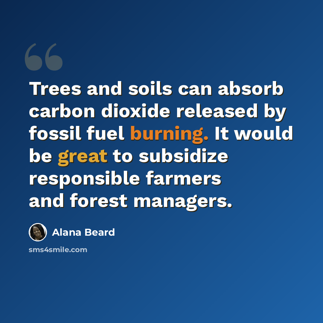 “Trees and soils can absorb carbon dioxide released by fossil fuel burning. It would be great to subsidize responsible farmers and forest managers.” quote by Alana Beard