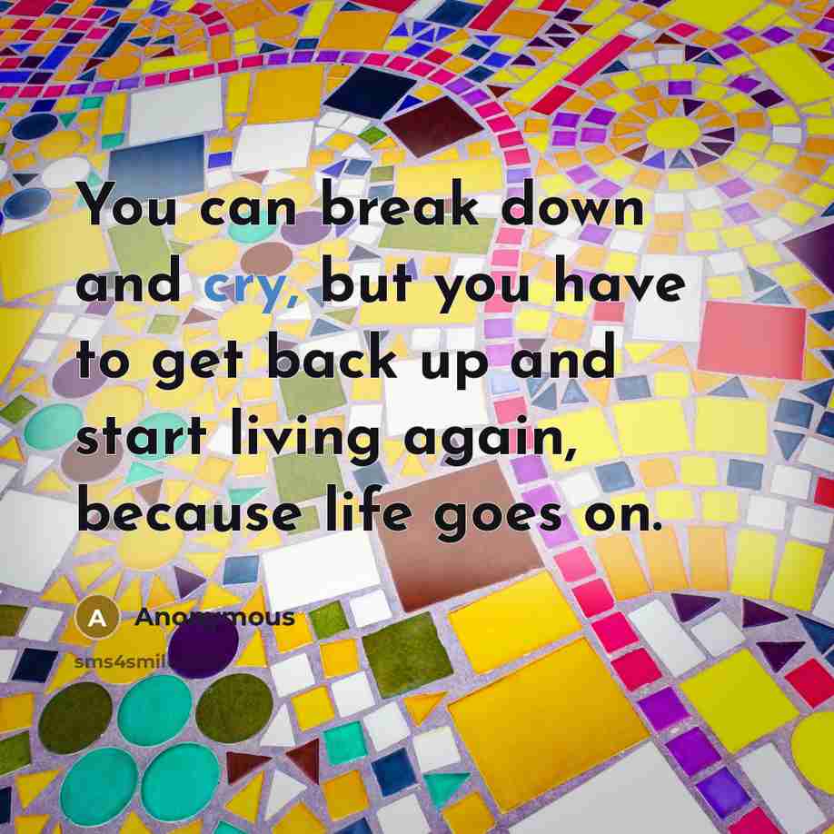 “You can break down and cry, but you have to get back up and start living again, because life goes on.” quote by Anonymous