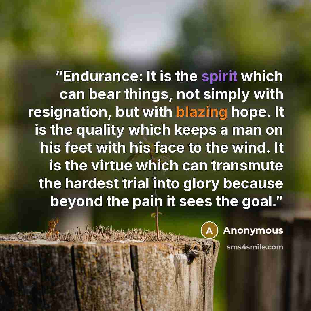 “Endurance: It is the spirit which can bear things, not simply with resignation, but with blazing hope. It is the quality which keeps a man on his feet with his face to the wind. It is the virtue which can transmute the hardest trial into glory because beyond the pain it sees the goal.” quote by Anonymous