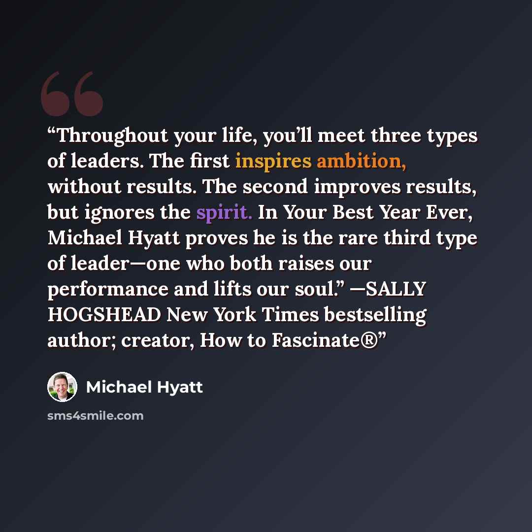 “Throughout your life, you’ll meet three types of leaders. The first inspires ambition, without results. The second improves results, but ignores the spirit. In Your Best Year Ever, Michael Hyatt proves he is the rare third type of leader—one who both raises our performance and lifts our soul.”…” quote by Michael Hyatt