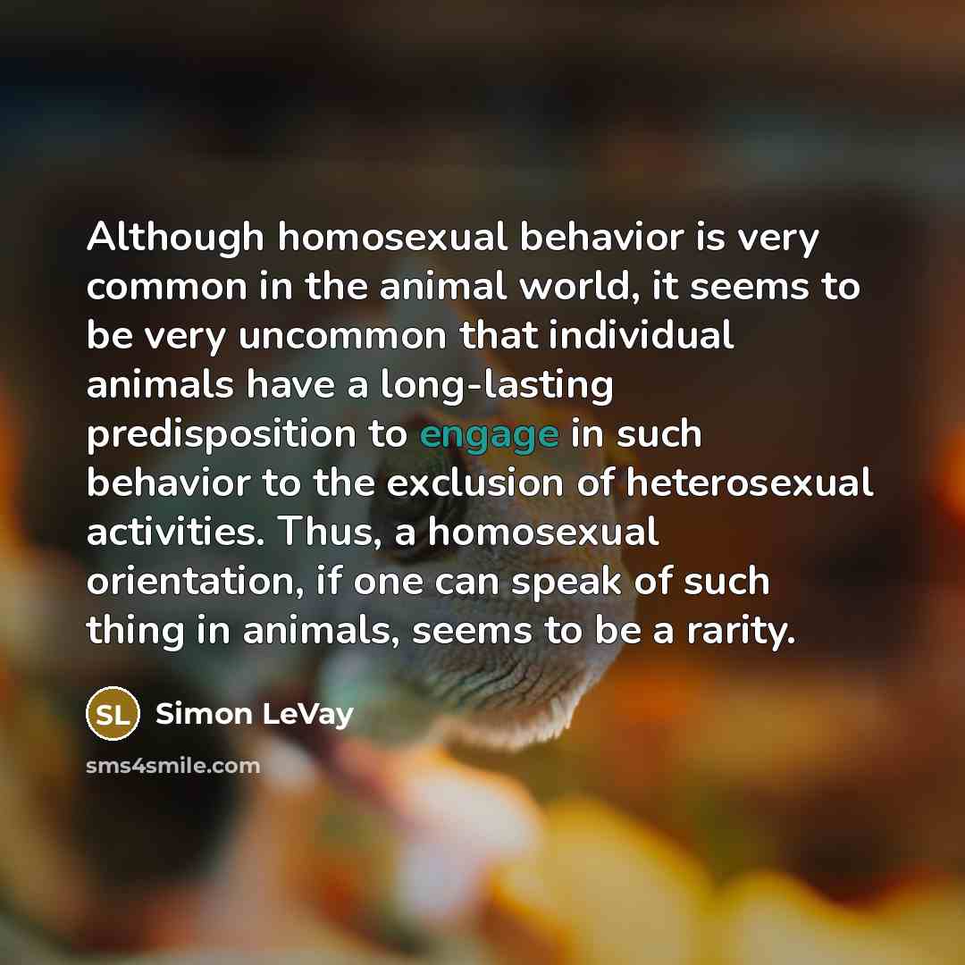 “Although homosexual behavior is very common in the animal world, it seems to be very uncommon that individual animals have a long-lasting predisposition to engage in such behavior to the exclusion of heterosexual activities. Thus, a homosexual orientation, if one can speak of such thing in…” quote by Simon LeVay