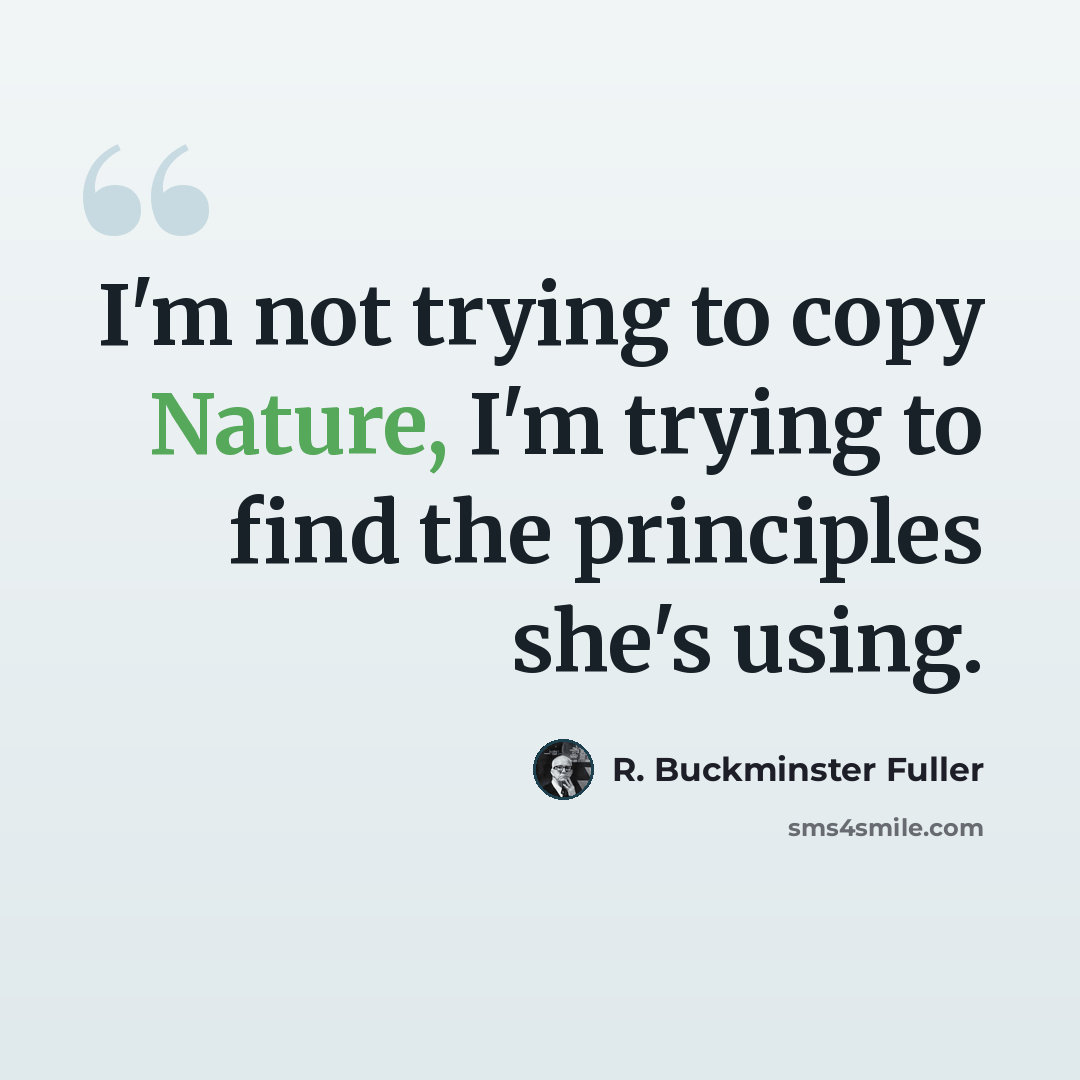 “I'm not trying to copy Nature, I'm trying to find the principles she's using.” quote by R. Buckminster Fuller