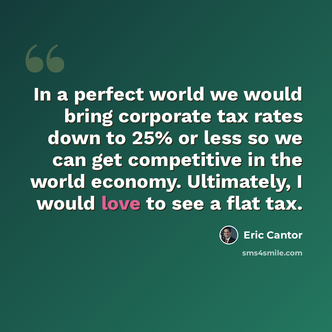 “In a perfect world we would bring corporate tax rates down to 25% or less so we can get competitive in the world economy. Ultimately, I would love to see a flat tax.” quote by Eric Cantor