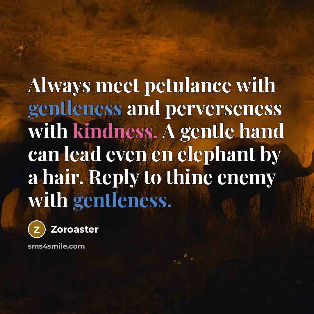 “Always meet petulance with gentleness and perverseness with kindness. A gentle hand can lead even en elephant by a hair. Reply to thine enemy with gentleness.” quote by Zoroaster