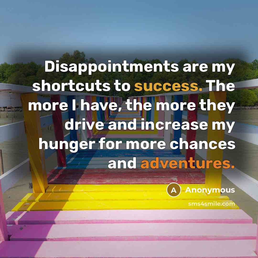 “Disappointments are my shortcuts to success. The more I have, the more they drive and increase my hunger for more chances and adventures.” quote by Anonymous