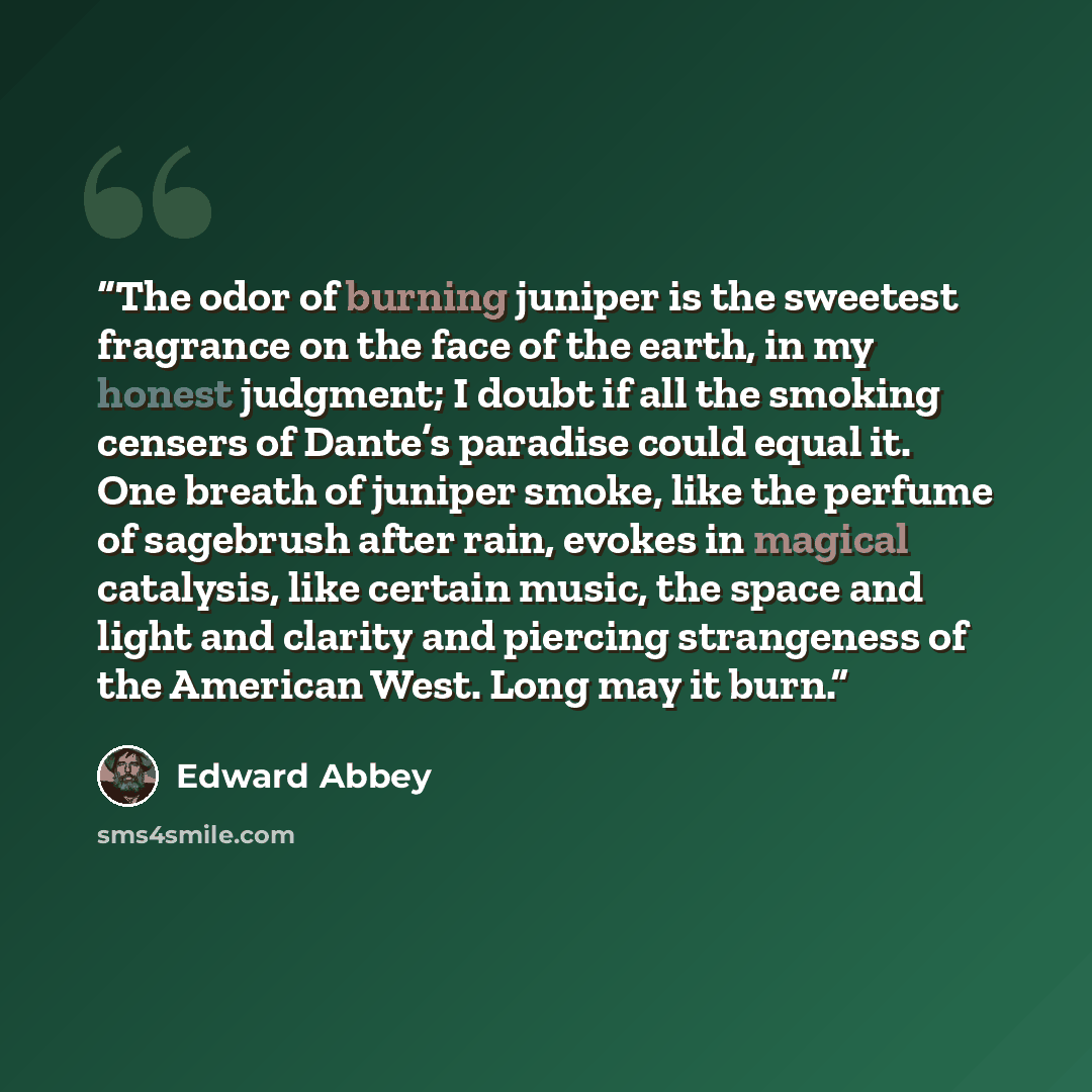 “The odor of burning juniper is the sweetest fragrance on the face of the earth, in my honest judgment; I doubt if all the smoking censers of Dante’s paradise could equal it. One breath of juniper smoke, like the perfume of sagebrush after rain, evokes in magical catalysis, like certain music, the…” quote by Edward Abbey
