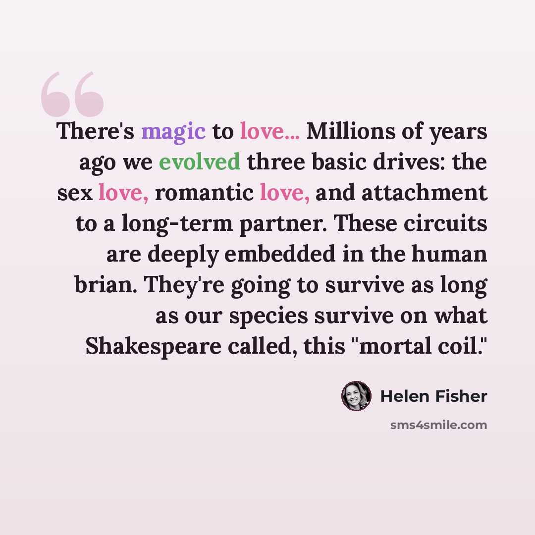 “There's magic to love... Millions of years ago we evolved three basic drives: the sex love, romantic love, and attachment to a long-term partner. These circuits are deeply embedded in the human brian. They're going to survive as long as our species survive on what Shakespeare called, this "mortal…” quote by Helen Fisher