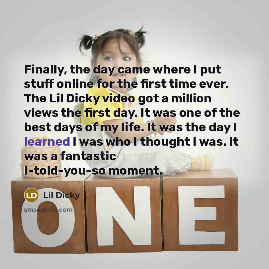 “Finally, the day came where I put stuff online for the first time ever. The Lil Dicky video got a million views the first day. It was one of the best days of my life. It was the day I learned I was who I thought I was. It was a fantastic I-told-you-so moment.” quote by Lil Dicky