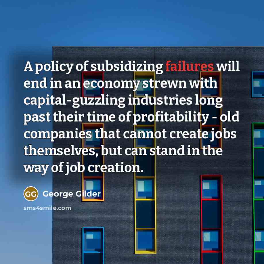 “A policy of subsidizing failures will end in an economy strewn with capital-guzzling industries long past their time of profitability - old companies that cannot create jobs themselves, but can stand in the way of job creation.” quote by George Gilder