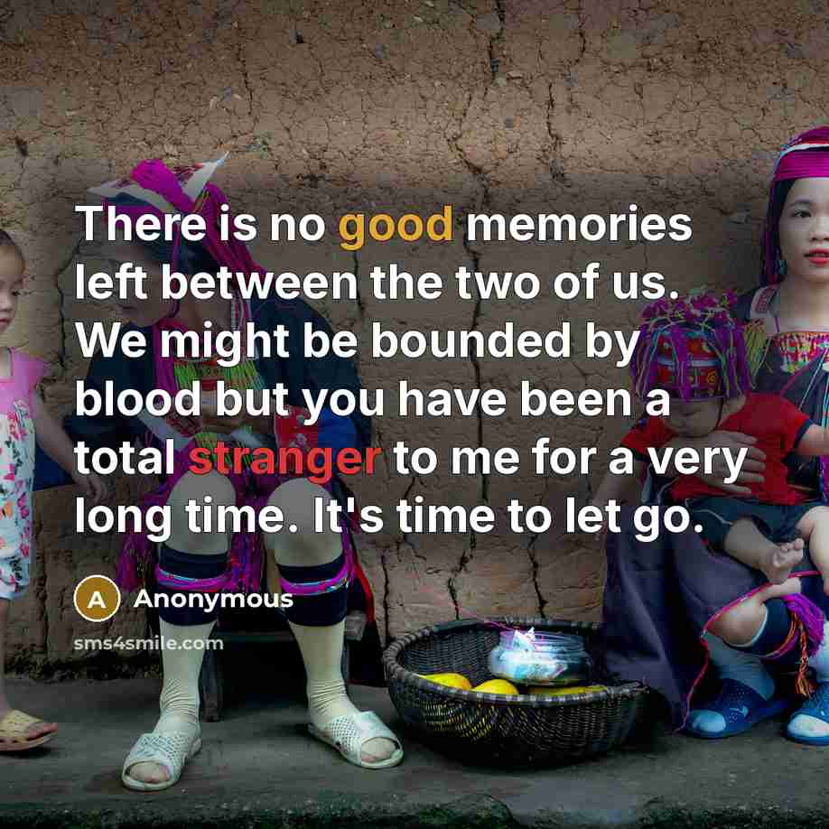 “There is no good memories left between the two of us. We might be bounded by blood but you have been a total stranger to me for a very long time. It's time to let go.” quote by Anonymous
