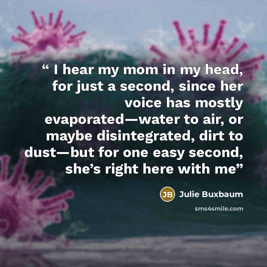 “I hear my mom in my head, for just a second, since her voice has mostly evaporated—water to air, or maybe disintegrated, dirt to dust—but for one easy second, she’s right here with me” quote by Julie Buxbaum