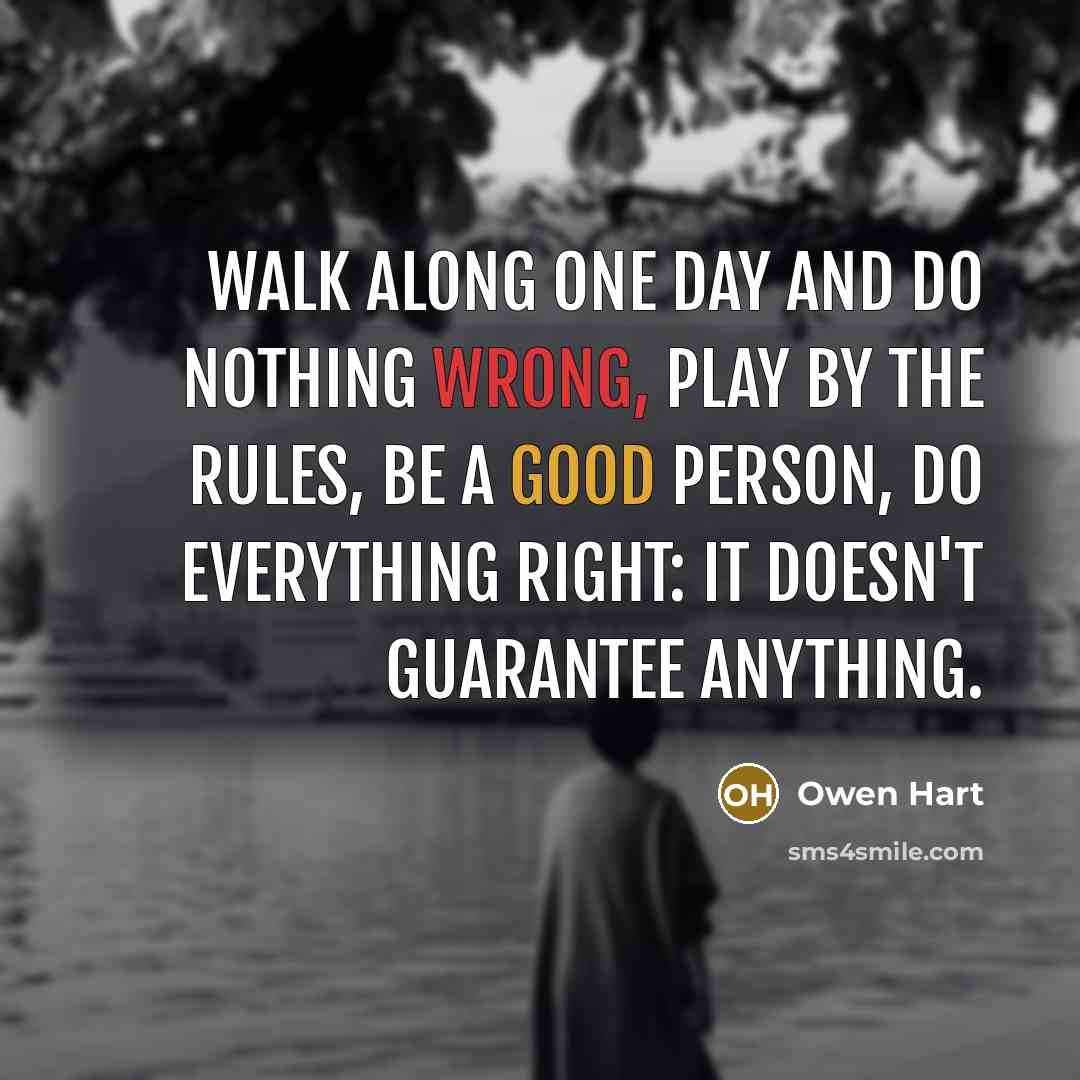 “Walk along one day and do nothing wrong, play by the rules, be a good person, do everything right: it doesn't guarantee anything.” quote by Owen Hart