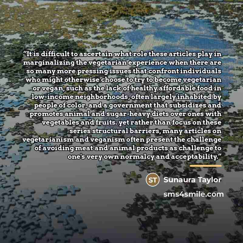 “It is difficult to ascertain what role these articles play in marginalizing the vegetarian experience when there are so many more pressing issues that confront individuals who might otherwise choose to try to become vegetarian or vegan, such as the lack of healthy affordable food in low-income…” quote by Sunaura Taylor