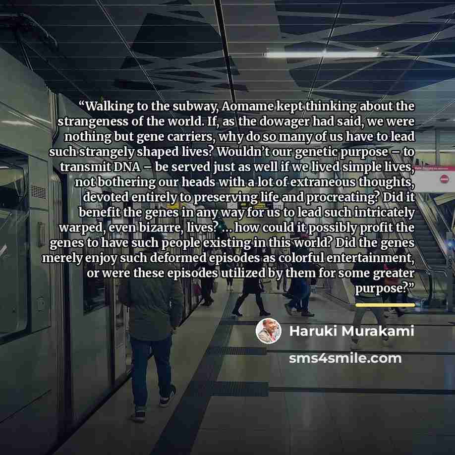 “Walking to the subway, Aomame kept thinking about the strangeness of the world. If, as the dowager had said, we were nothing but gene carriers, why do so many of us have to lead such strangely shaped lives? Wouldn’t our genetic purpose – to transmit DNA – be served just as well if we lived simple…” quote by Haruki Murakami