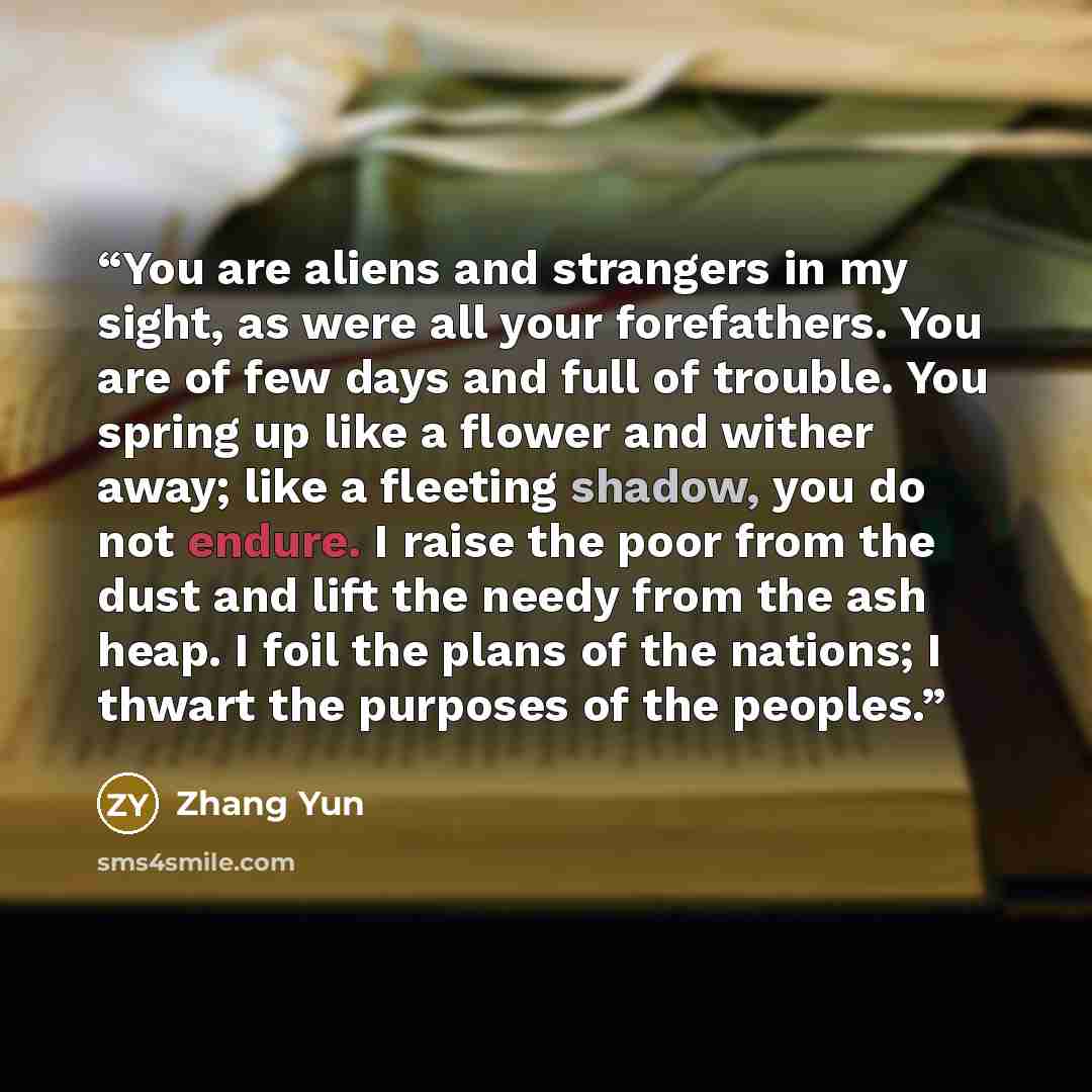 “You are aliens and strangers in my sight, as were all your forefathers. You are of few days and full of trouble. You spring up like a flower and wither away; like a fleeting shadow, you do not endure. I raise the poor from the dust and lift the needy from the ash heap. I foil the plans of the…” quote by Zhang Yun