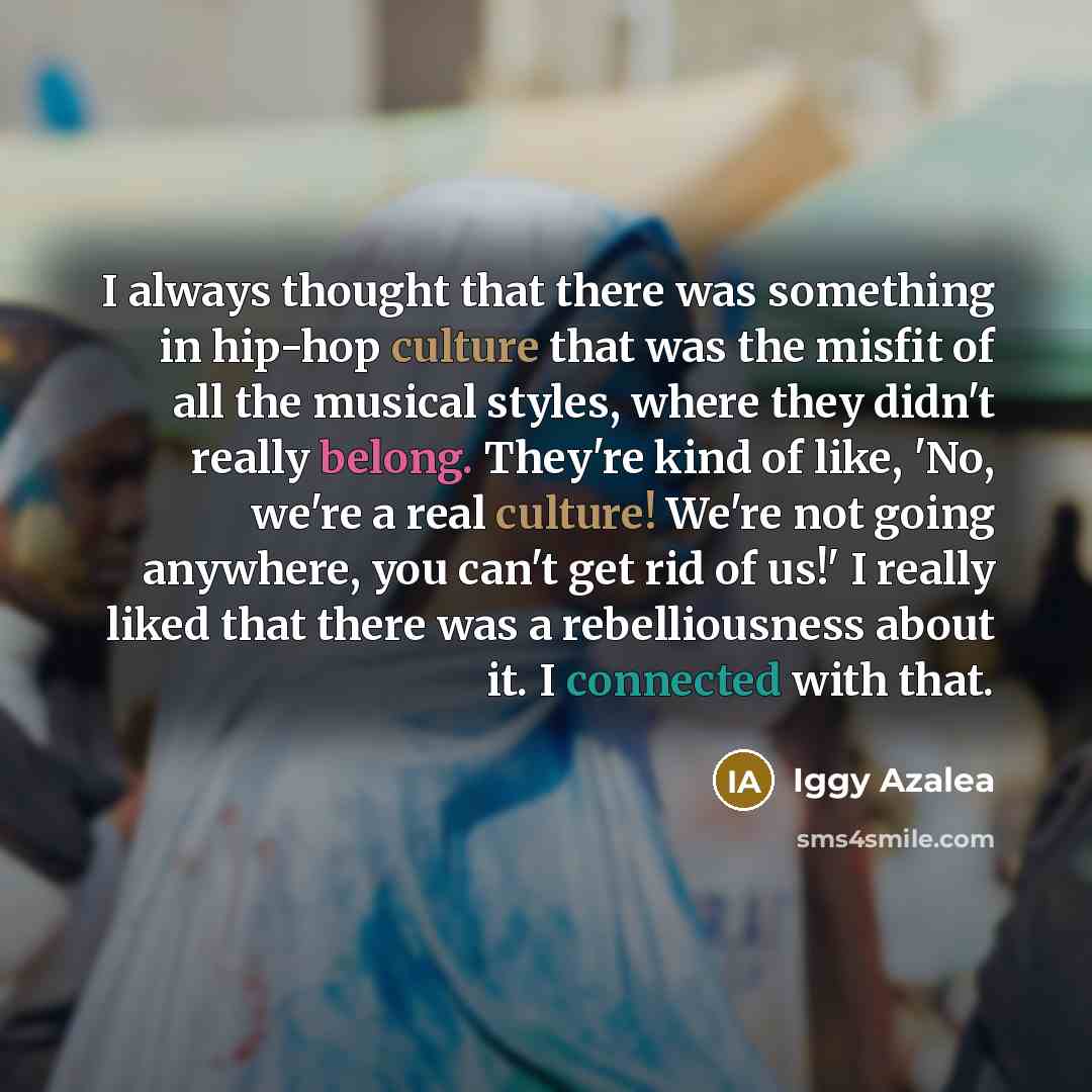 “I always thought that there was something in hip-hop culture that was the misfit of all the musical styles, where they didn't really belong. They're kind of like, 'No, we're a real culture! We're not going anywhere, you can't get rid of us!' I really liked that there was a rebelliousness about it…” quote by Iggy Azalea