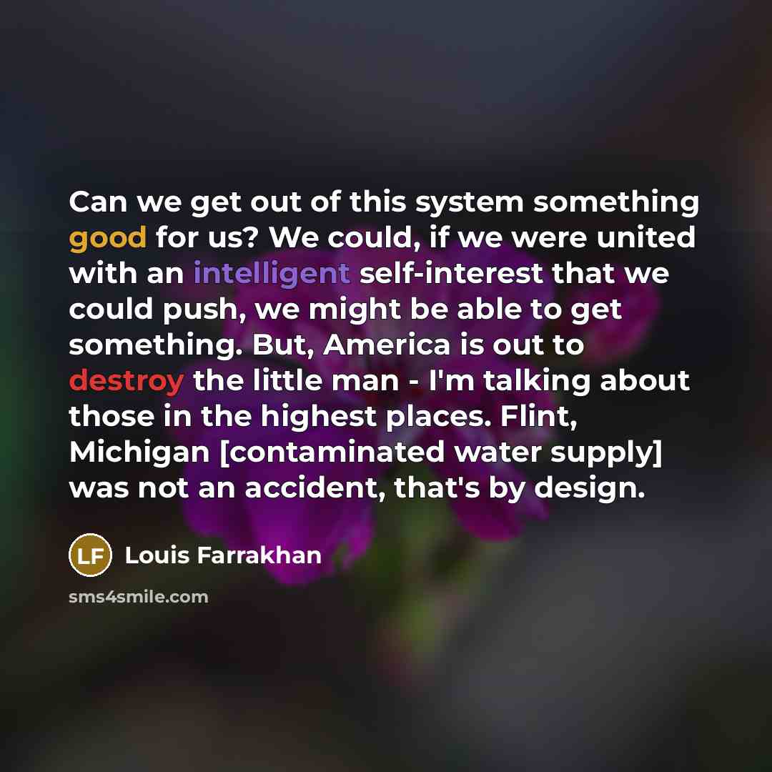 “Can we get out of this system something good for us? We could, if we were united with an intelligent self-interest that we could push, we might be able to get something. But, America is out to destroy the little man - I'm talking about those in the highest places. Flint, Michigan [contaminated…” quote by Louis Farrakhan