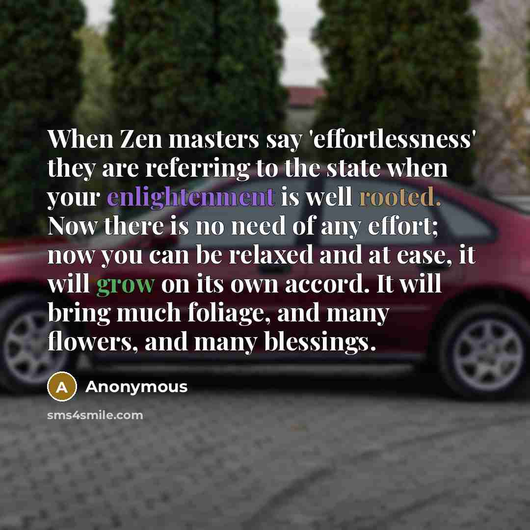 “When Zen masters say 'effortlessness' they are referring to the state when your enlightenment is well rooted. Now there is no need of any effort; now you can be relaxed and at ease, it will grow on its own accord. It will bring much foliage, and many flowers, and many blessings.” quote by Anonymous
