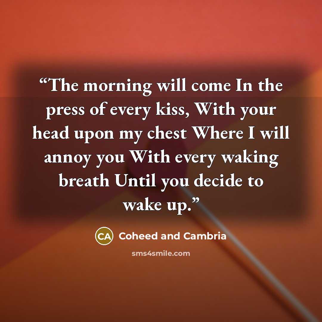 “The morning will come In the press of every kiss, With your head upon my chest Where I will annoy you With every waking breath Until you decide to wake up.” quote by Coheed and Cambria