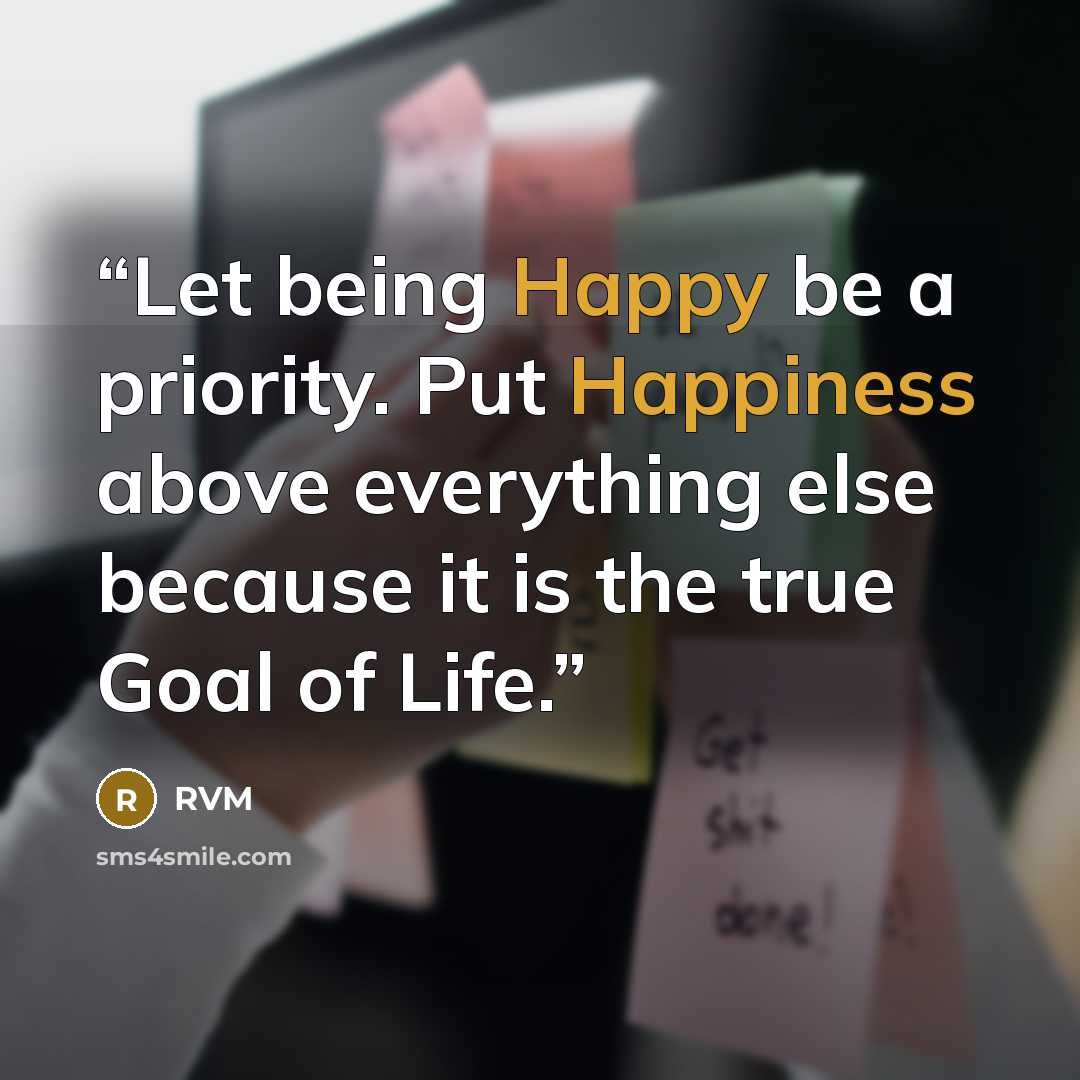 “Let being Happy be a priority. Put Happiness above everything else because it is the true Goal of Life.” quote by RVM