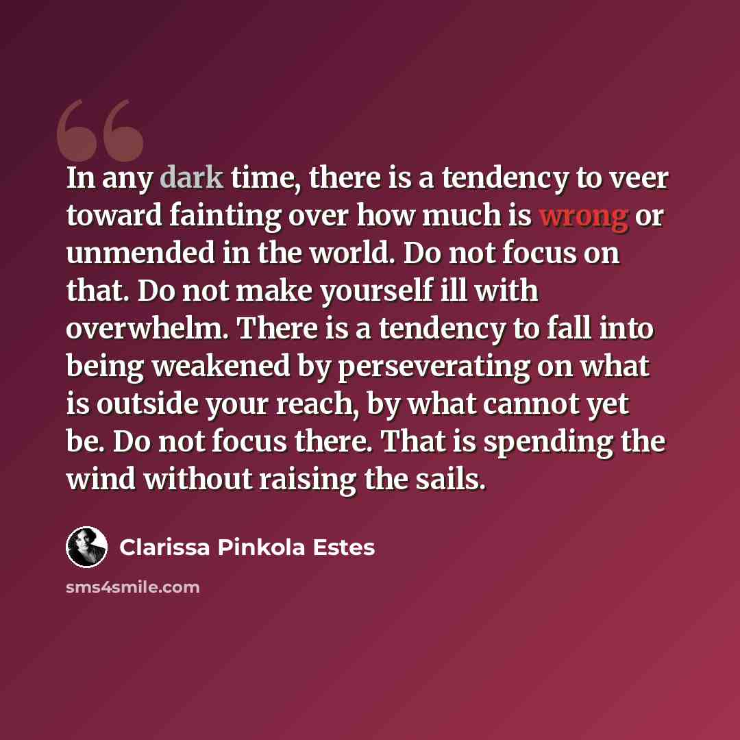 “In any dark time, there is a tendency to veer toward fainting over how much is wrong or unmended in the world. Do not focus on that. Do not make yourself ill with overwhelm. There is a tendency to fall into being weakened by perseverating on what is outside your reach, by what cannot yet be. Do…” quote by Clarissa Pinkola Estes