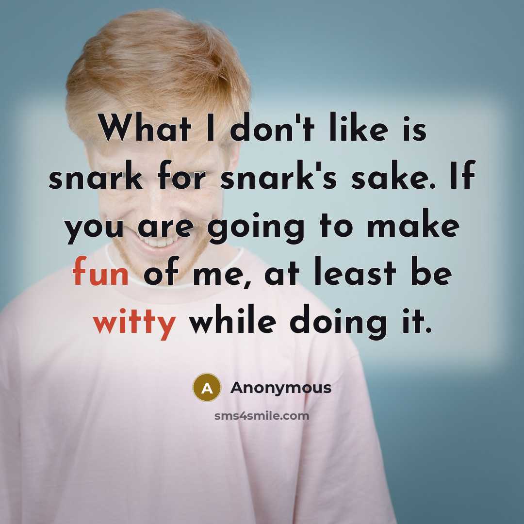 “What I don't like is snark for snark's sake. If you are going to make fun of me, at least be witty while doing it.” quote by Anonymous