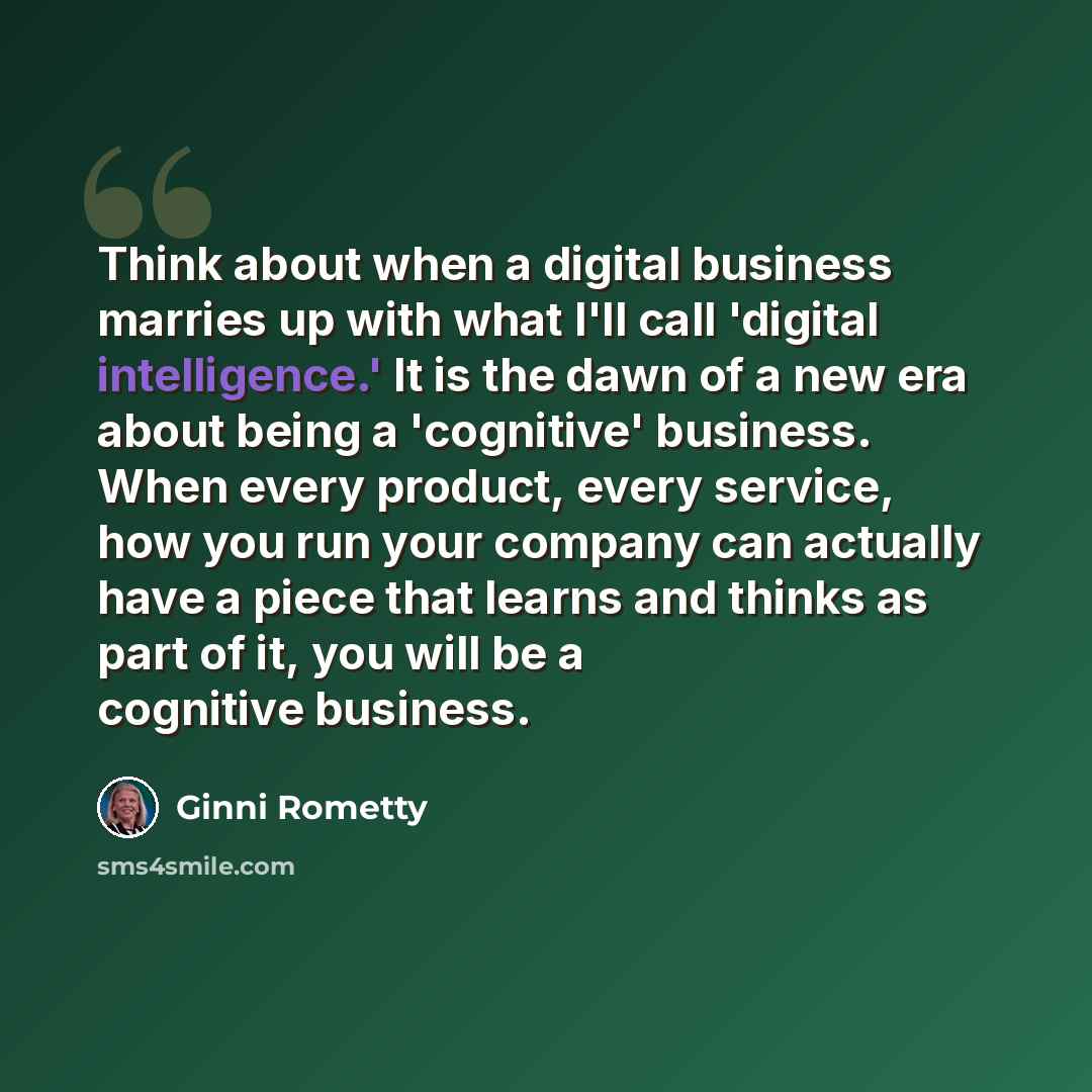 “Think about when a digital business marries up with what I'll call 'digital intelligence.' It is the dawn of a new era about being a 'cognitive' business. When every product, every service, how you run your company can actually have a piece that learns and thinks as part of it, you will be a…” quote by Ginni Rometty