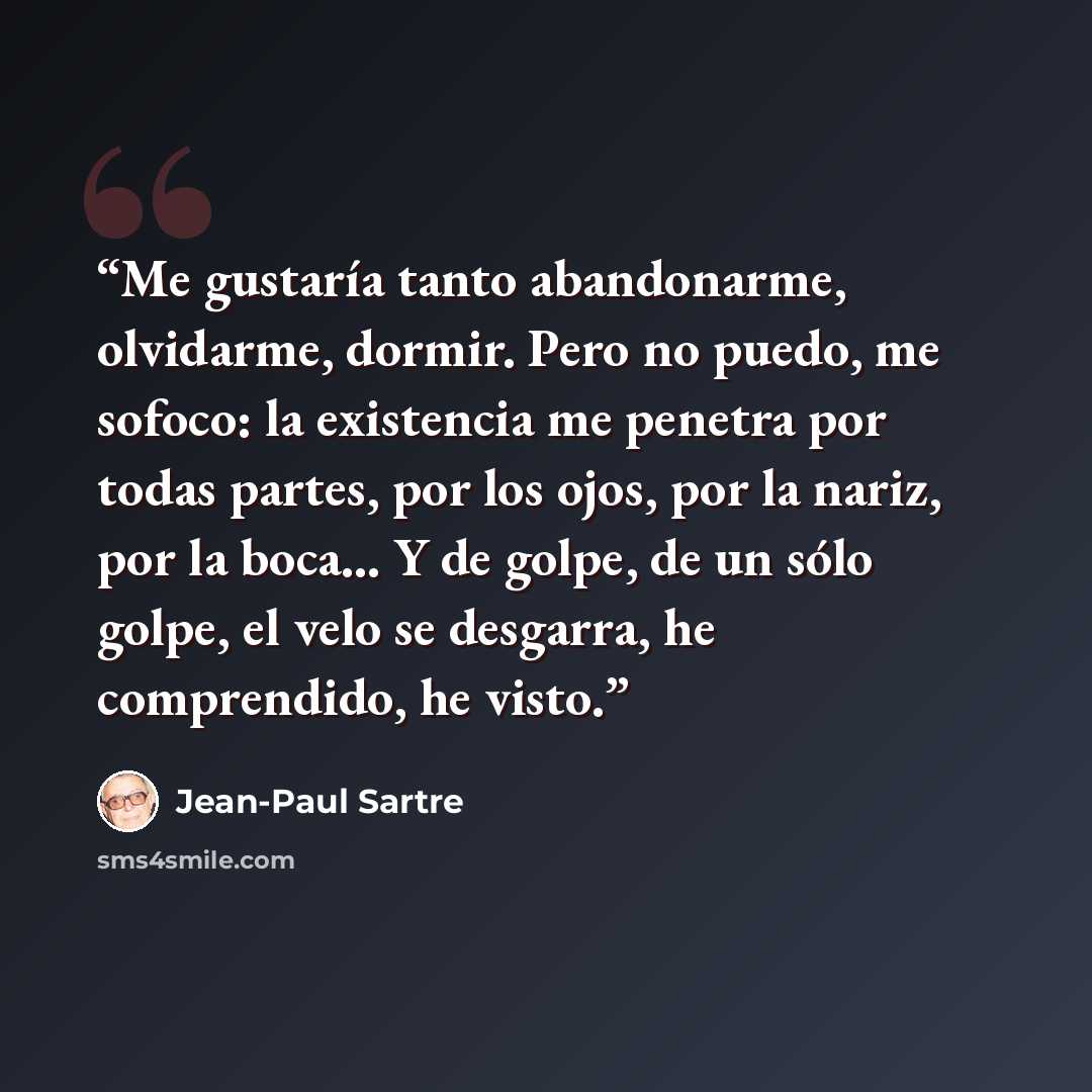“Me gustaría tanto abandonarme, olvidarme, dormir. Pero no puedo, me sofoco: la existencia me penetra por todas partes, por los ojos, por la nariz, por la boca... Y de golpe, de un sólo golpe, el velo se desgarra, he comprendido, he visto.” quote by Jean-Paul Sartre