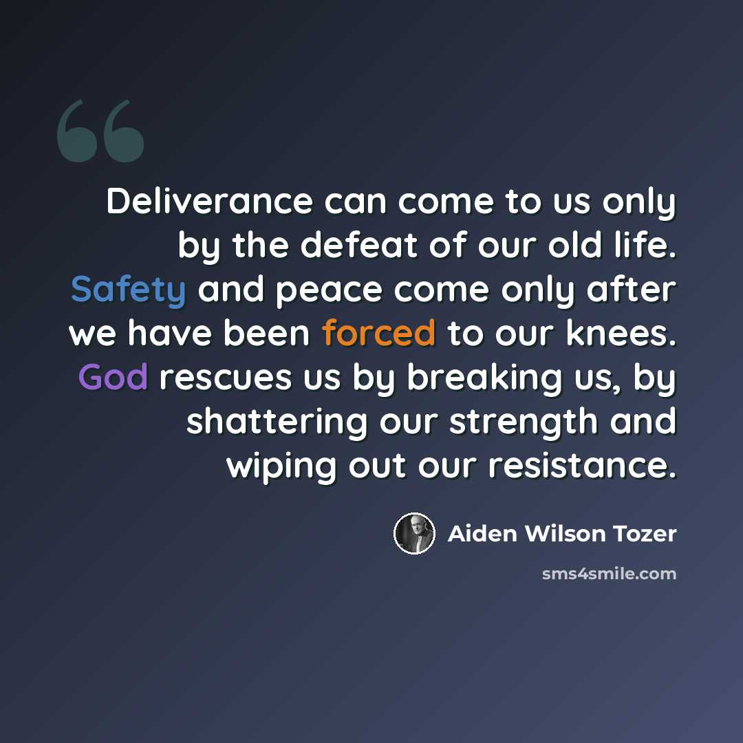 “Deliverance can come to us only by the defeat of our old life. Safety and peace come only after we have been forced to our knees. God rescues us by breaking us, by shattering our strength and wiping out our resistance.” quote by Aiden Wilson Tozer